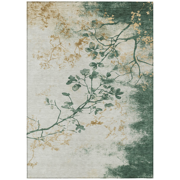 5' X 8' Emerald Ivory And Gold Floral Washable Indoor Outdoor Area Rug