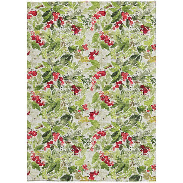 5' X 8' Artichoke Green Burgundy And Ivory Botanical Leaves Washable Indoor Outdoor Area Rug
