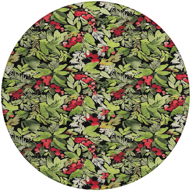 8' Black Green And Red Round Botanical Leaves Washable Indoor Outdoor Area Rug