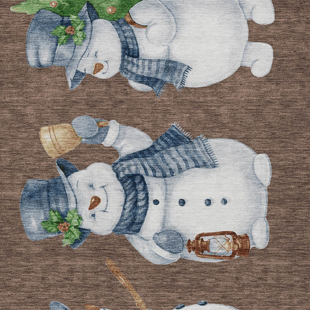 3' X 5' Brown Denim Blue And Ivory Snowmen Washable Indoor Outdoor Area Rug