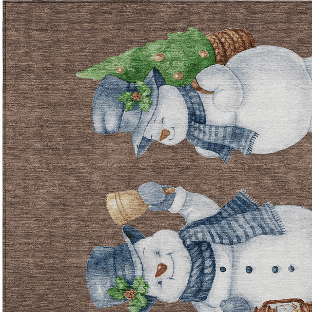 9' X 12' Brown Denim Blue And Ivory Snowmen Washable Indoor Outdoor Area Rug
