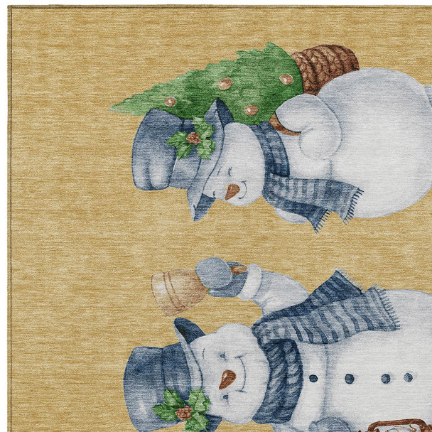 3' X 5' Gold Denim Blue And Ivory Snowmen Washable Indoor Outdoor Area Rug