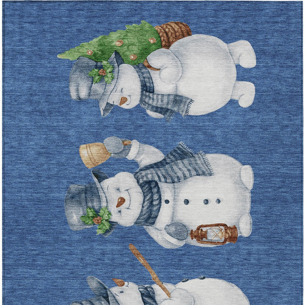 10' X 14' Navy Blue Denim Blue And Ivory Snowmen Washable Indoor Outdoor Area Rug