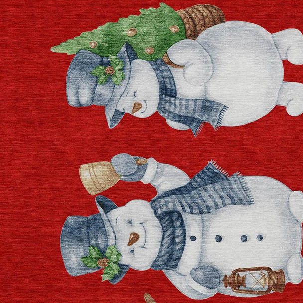 5' X 8' Red Denim Blue And Ivory Snowmen Washable Indoor Outdoor Area Rug