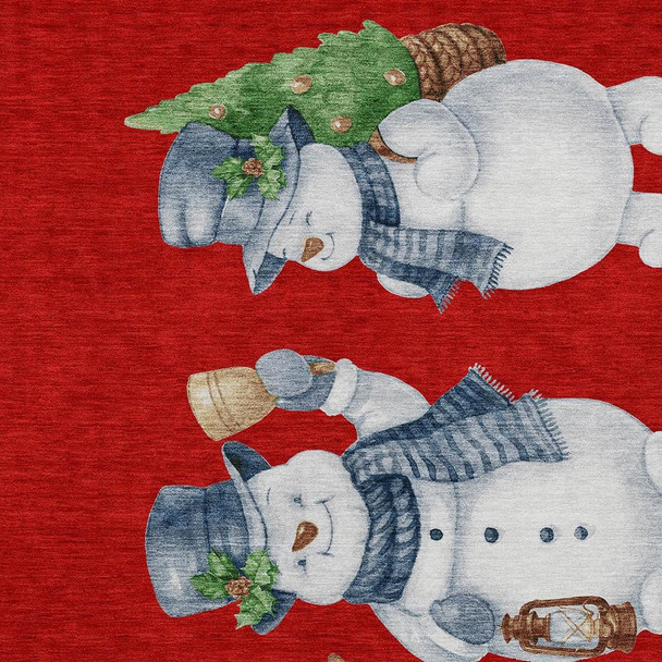 9' X 12' Red Denim Blue And Ivory Snowmen Washable Indoor Outdoor Area Rug