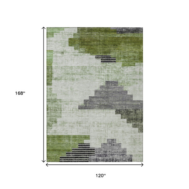 10' X 14' Fern Green Ivory And Charcoal Geometric Washable Indoor Outdoor Area Rug