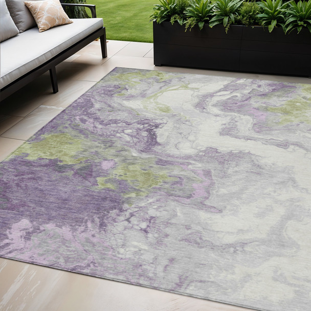 5' X 8' Lavender And Fern Green Abstract Washable Indoor Outdoor Area Rug