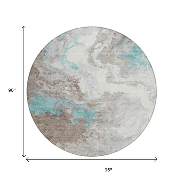 8' Teal Blue And Taupe Round Abstract Washable Indoor Outdoor Area Rug
