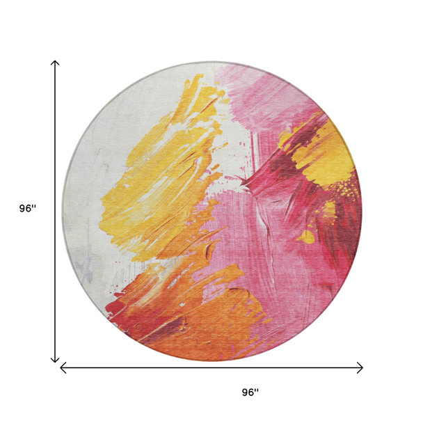 8' Blush Gold And Orange Round Abstract Washable Indoor Outdoor Area Rug