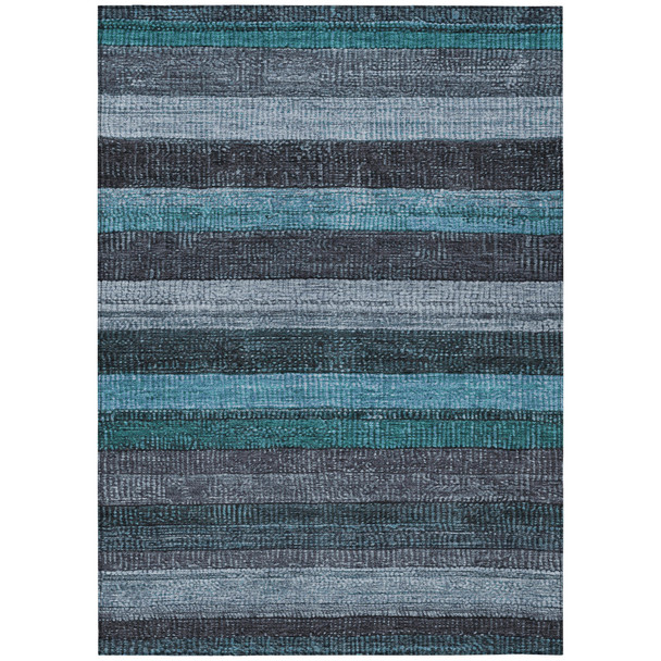 3' X 5' Teal Blue And Gray Striped Washable Indoor Outdoor Area Rug