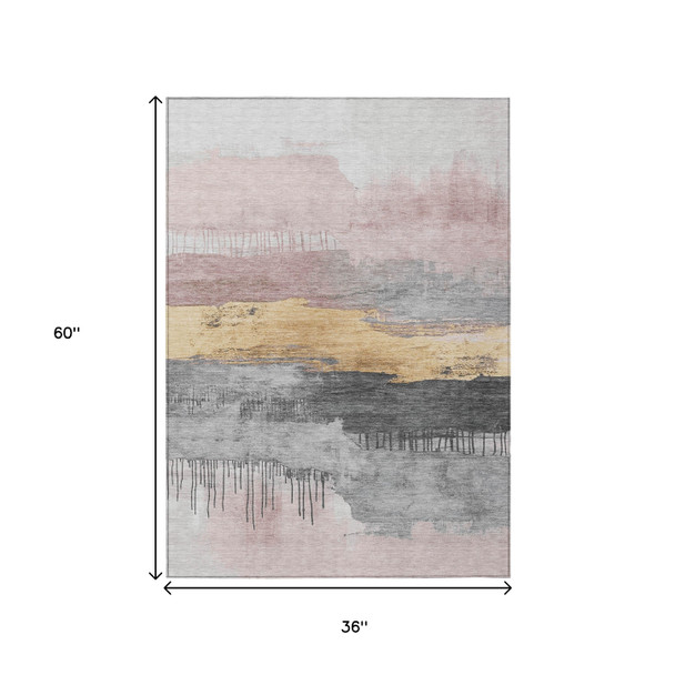 3' X 5' Blush And Gold Abstract Washable Indoor Outdoor Area Rug