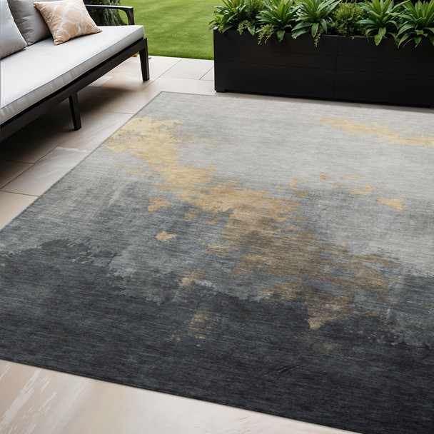 5' X 8' Gold And Charcoal Abstract Washable Indoor Outdoor Area Rug