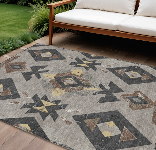 9' X 12' Taupe Charcoal And Wheat Aztec Washable Indoor Outdoor Area Rug