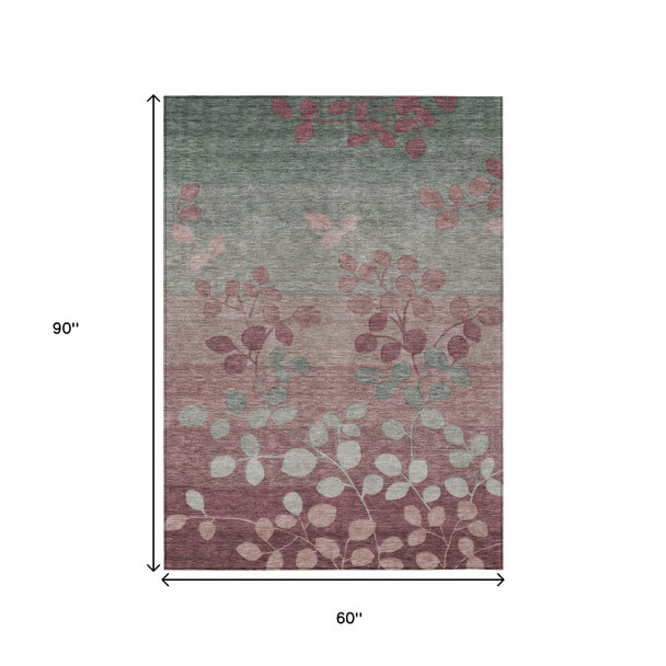 5' X 8' Blush And Emerald Floral Washable Indoor Outdoor Area Rug