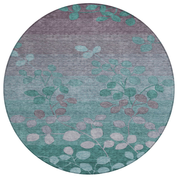 8' Teal Blue And Gray Round Floral Washable Indoor Outdoor Area Rug