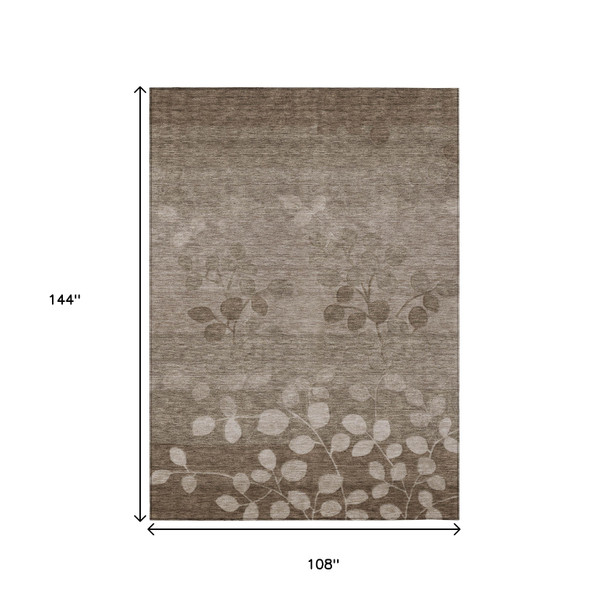 9' X 12' Taupe And Beige Floral Washable Indoor Outdoor Area Rug