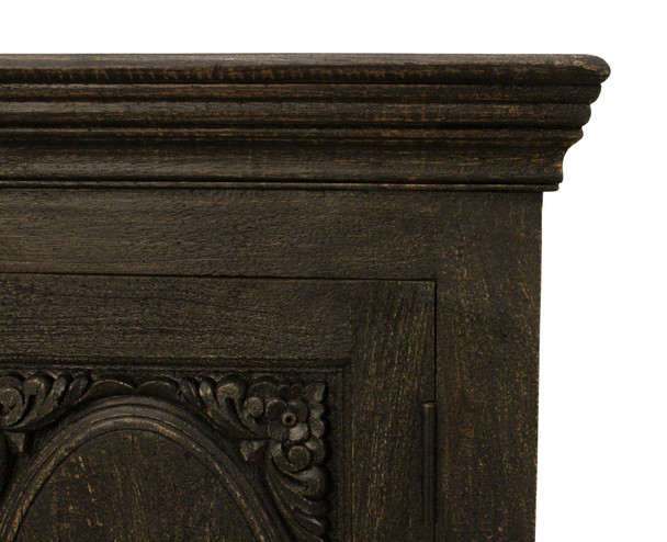 73" Black Distressed Solid Wood Carved Floral Sideboard with Four Doors