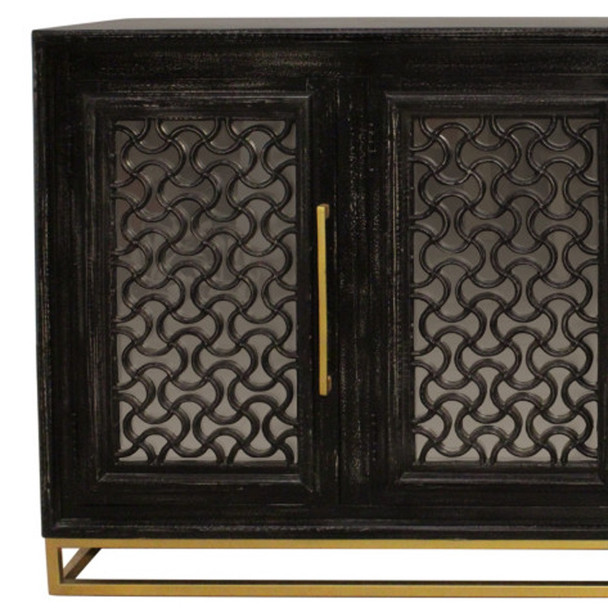 76" Black Distressed Solid Wood Carved Geometric Sideboard with Four Doors