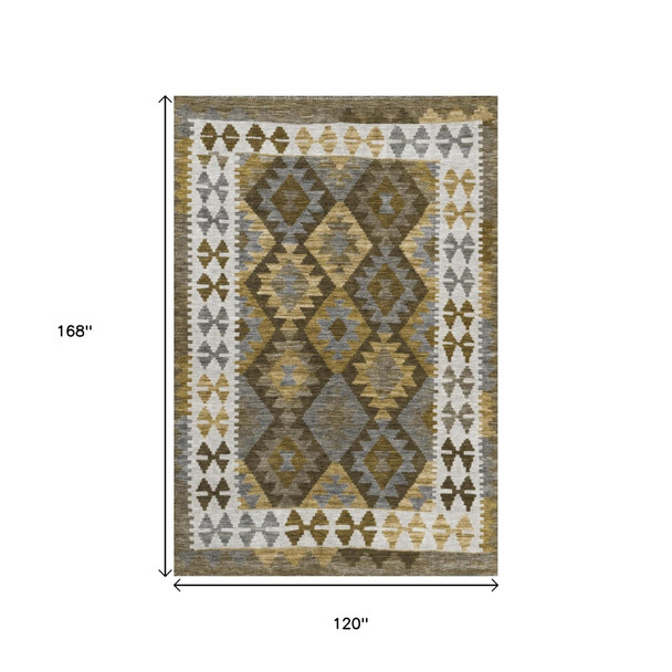 10' X 14' Brown Ivory And Gold Tribal Washable Indoor Outdoor Area Rug