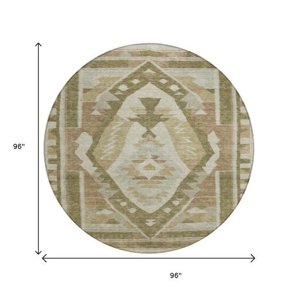8' Linen Ivory And Brown Round Tribal Washable Indoor Outdoor Area Rug