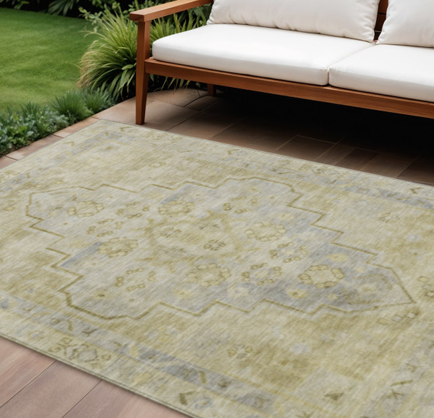 8' X 10' Gold And Beige Medallion Washable Indoor Outdoor Area Rug