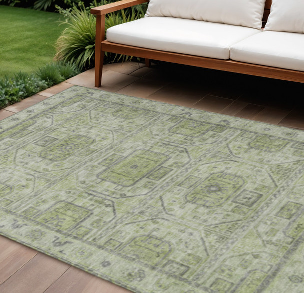 8' X 10' Artichoke Green And Gray Geometric Washable Indoor Outdoor Area Rug