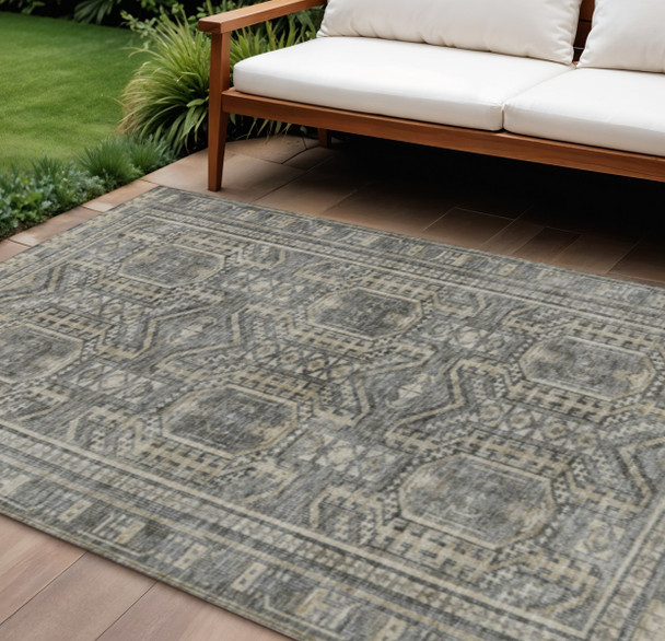 9' X 12' Pewter And Beige Geometric Washable Indoor Outdoor Area Rug