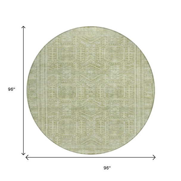 8' Sage And Ivory Round Geometric Washable Indoor Outdoor Area Rug