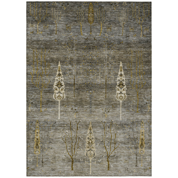 5' X 8' Pewter And Gold Floral Washable Indoor Outdoor Area Rug