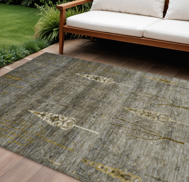 9' X 12' Pewter And Gold Floral Washable Indoor Outdoor Area Rug