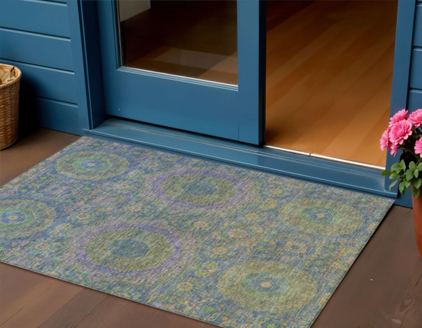 3' X 5' Blue And Green Medallion Washable Indoor Outdoor Area Rug