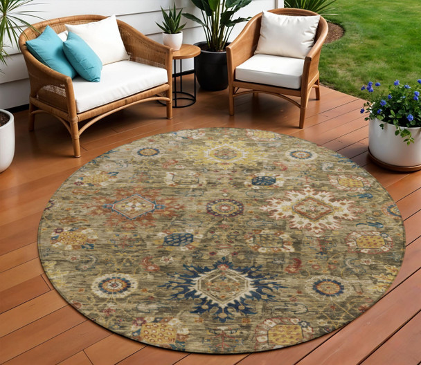 8' Brown Beige And Navy Blue Round Floral Medallion Washable Indoor Outdoor Area Rug