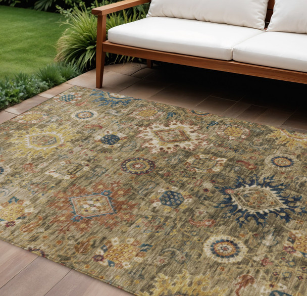 8' X 10' Brown Beige And Navy Blue Floral Medallion Washable Indoor Outdoor Area Rug