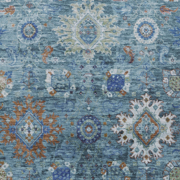 3' X 5' Blue Rust And Gray Floral Medallion Washable Indoor Outdoor Area Rug