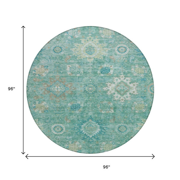 8' Teal Blue Copper And Ivory Round Floral Medallion Washable Indoor Outdoor Area Rug
