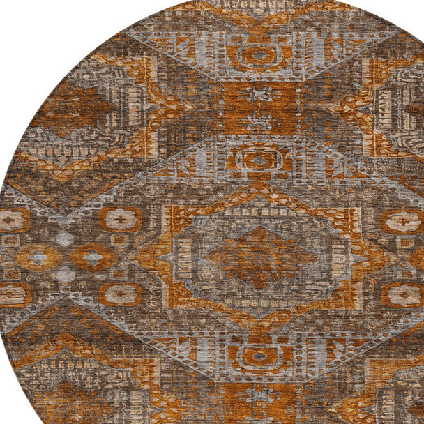 8' Copper Brown And Gray Round Moroccan Washable Indoor Outdoor Area Rug