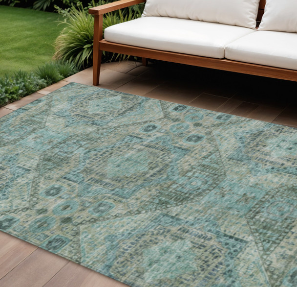 8' X 10' Sage And Teal Blue Moroccan Washable Indoor Outdoor Area Rug