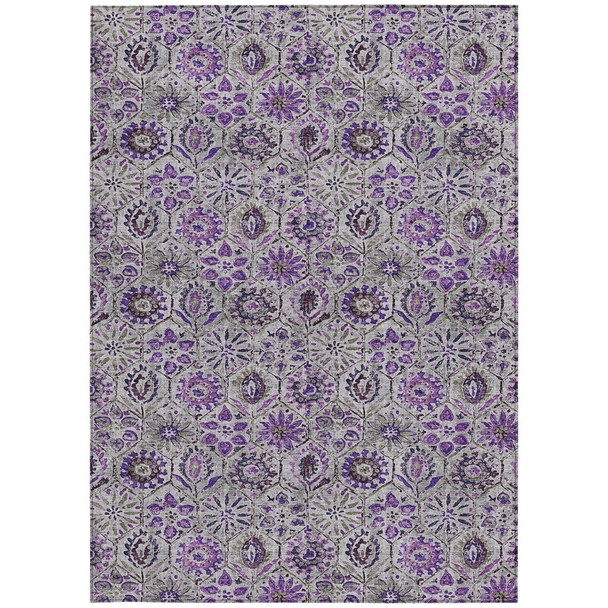 10' X 14' Purple And Gray Floral Washable Indoor Outdoor Area Rug