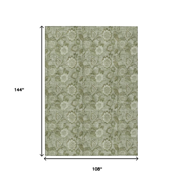 9' X 12' Artichoke Green And Fern Green Floral Washable Indoor Outdoor Area Rug