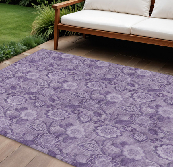 10' X 14' Plum And Purple Floral Washable Indoor Outdoor Area Rug