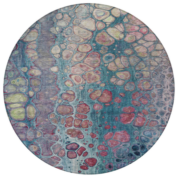 8' Teal Blue And Plum Round Abstract Washable Indoor Outdoor Area Rug