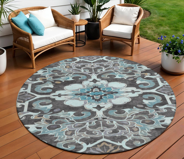 8' Teal Blue And Charcoal Round Damask Washable Indoor Outdoor Area Rug
