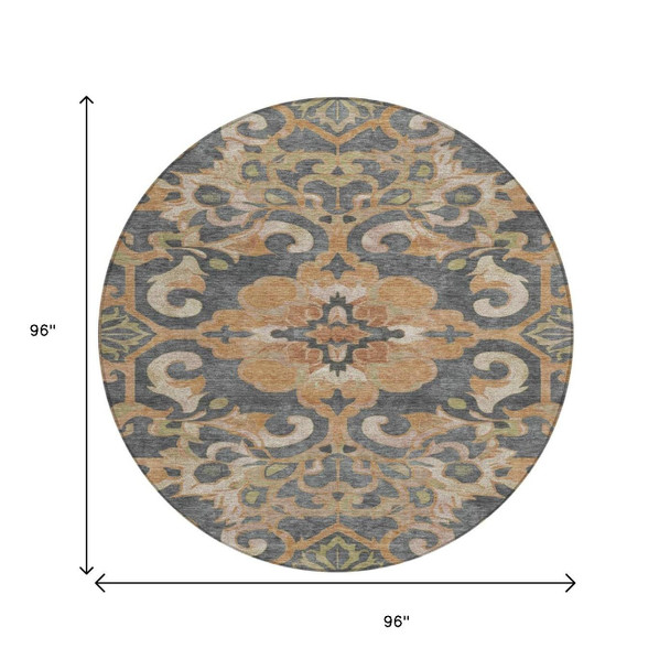 8' Terra Cotta And Charcoal Round Damask Washable Indoor Outdoor Area Rug