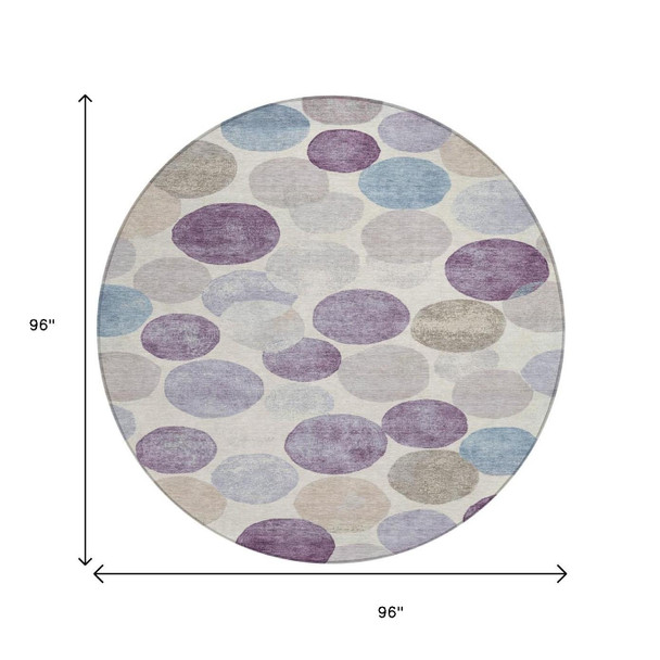 8' Plum Beige And Denim Blue Round Geometric Washable Indoor Outdoor Area Rug
