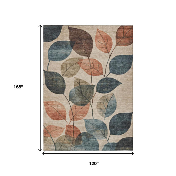 10' X 14' Beige Copper And Denim Blue Floral Washable Indoor Outdoor Area Rug