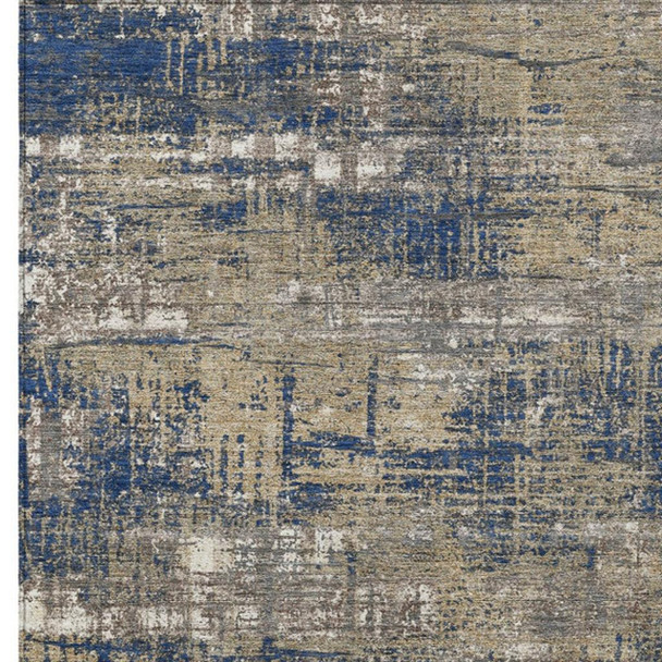 9' X 12' Navy Blue And Beige Geometric Washable Indoor Outdoor Area Rug