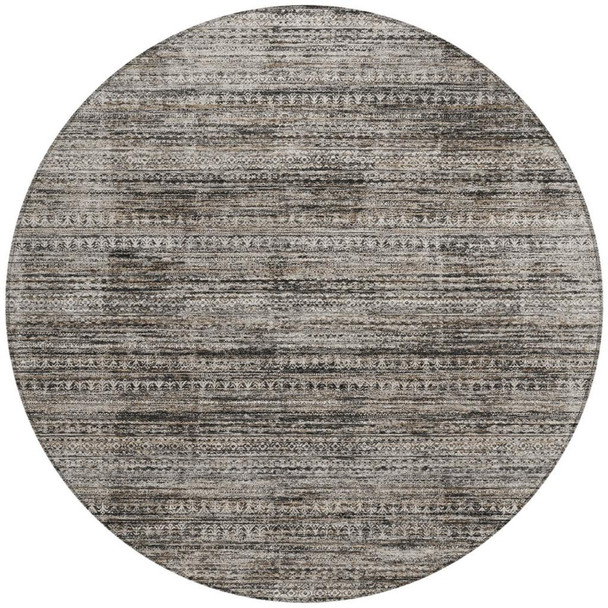 8' Taupe And Ivory Round Striped Washable Indoor Outdoor Area Rug