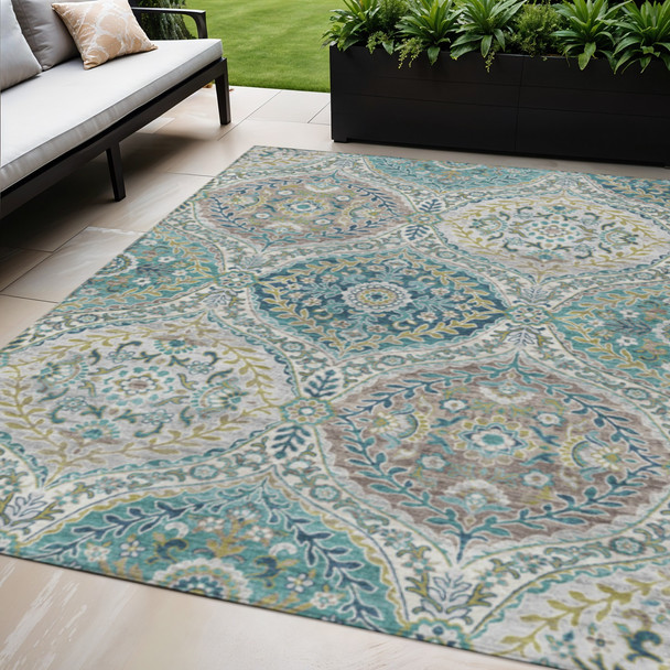 5' X 8' Teal Blue Fern Green And Beige Floral Washable Indoor Outdoor Area Rug