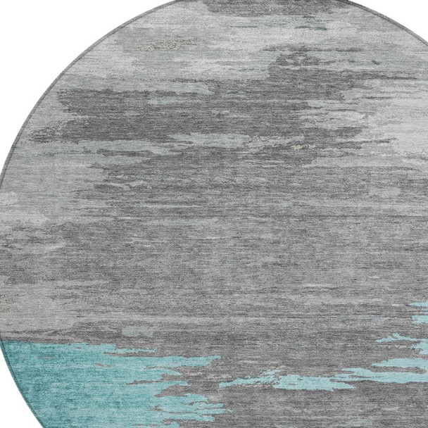8' Teal Blue And Gray Round Abstract Washable Indoor Outdoor Area Rug