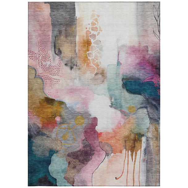 5' X 8' Blush Teal Blue And Ivory Abstract Washable Indoor Outdoor Area Rug